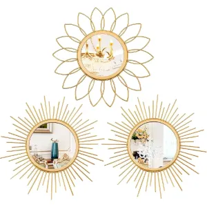 Juego de 3 espejos dorados metálicos con diseño de rayos de sol