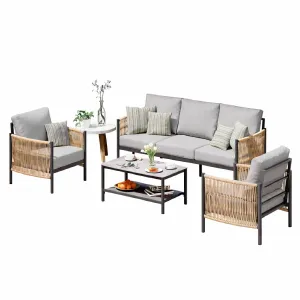  Juego de muebles de aluminio para patio 4 piezas con cuerda de nylon y cojines grises