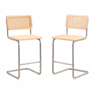 Silla de bar Flouki 2 unidades, ratán y madera, patas cromadas