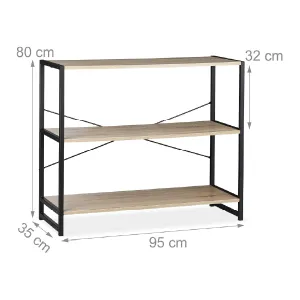 Estantería de pie, Librería Industrial, Tres estantes, Transversal, 80x95x5 cm, Roble, Metal, Marrón y Negro