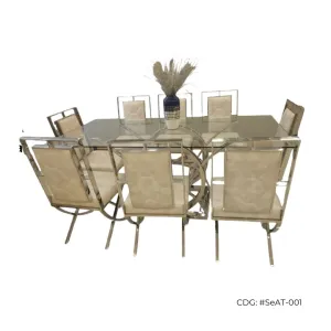 Juego de comedor Gold de acero inoxidable con mesa de vidrio templado de 8 sillas
