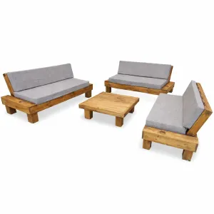 Juego de terraza rústico de madera con cojines gris