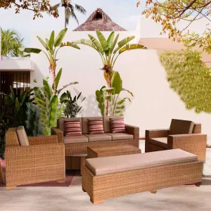 Mueble de Terraza 3-1-1 de Ratán Natural con Cojines, Mesa y Banqueta 