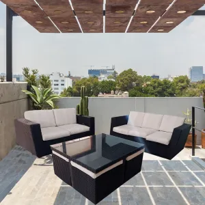 Juego de Ratán 3-2 para Terraza – Mesa de Centro y 4 Puffs Encajables