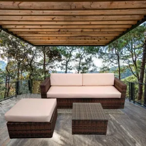 Mueble de Terraza 2 Plazas de Ratán con Banqueta y Mesa de Centro