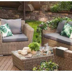 Sofá de Terraza 2-1 de Ratán Natural con Cojines, Resistente al Exterior