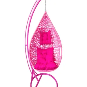 Silla colgante rosa ratán sintético. Soporte de metal, 2 cojines. Resistente a la interperie. Alto 1.90m x Ancho 0.90m