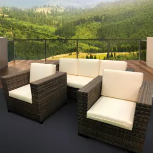 Mueble 3-1-1 para terraza de ratán sintético. Incluye cojines de respaldo y asiento. Resistencia a exteriores. Largo 1.50m x Fondo 0.80m